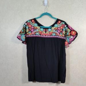 02132 Layerz black babydoll blouse w/multi-color floral embroidery L